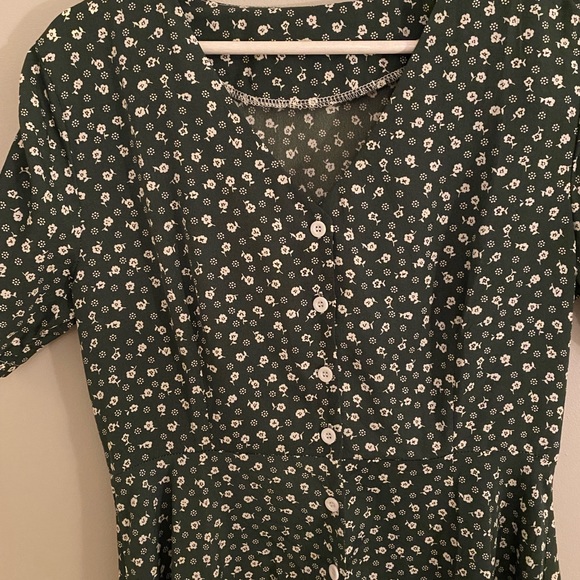 Floral Print V Neck Button Front Short Sleeve Split A Line Midi Dress Green - Picture 5 of 5